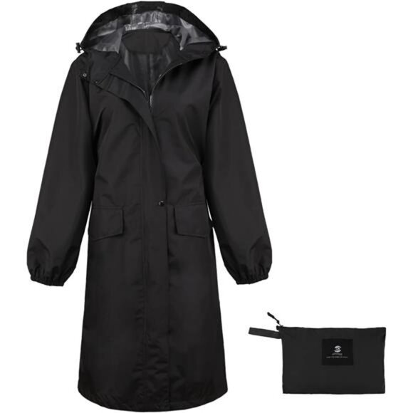 Women's Long Rain Jacket Waterproof Lightweight Hooded Raincoat - Picture 1 of 6
